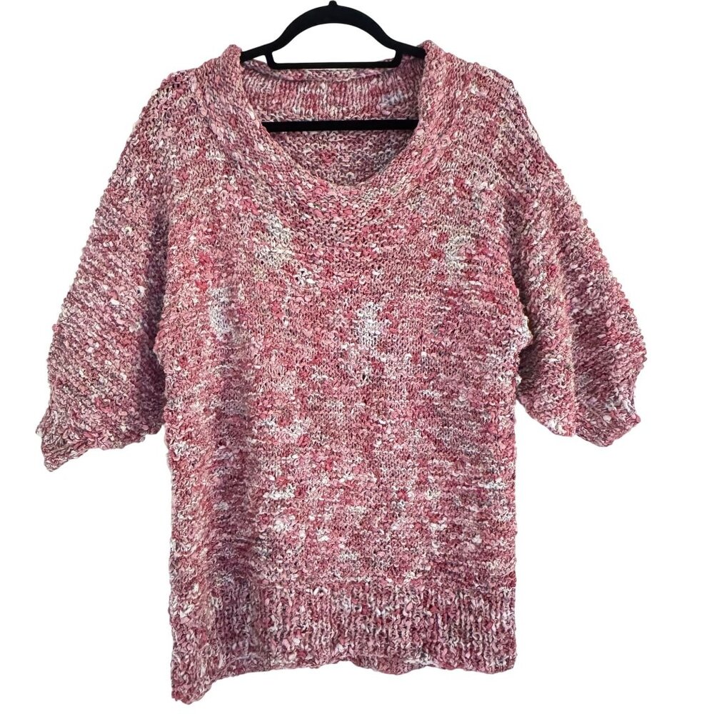 Handmade Pink Marled Knit Sweater Short Sleeve Cowl Neck‎ Artisan Pullover M